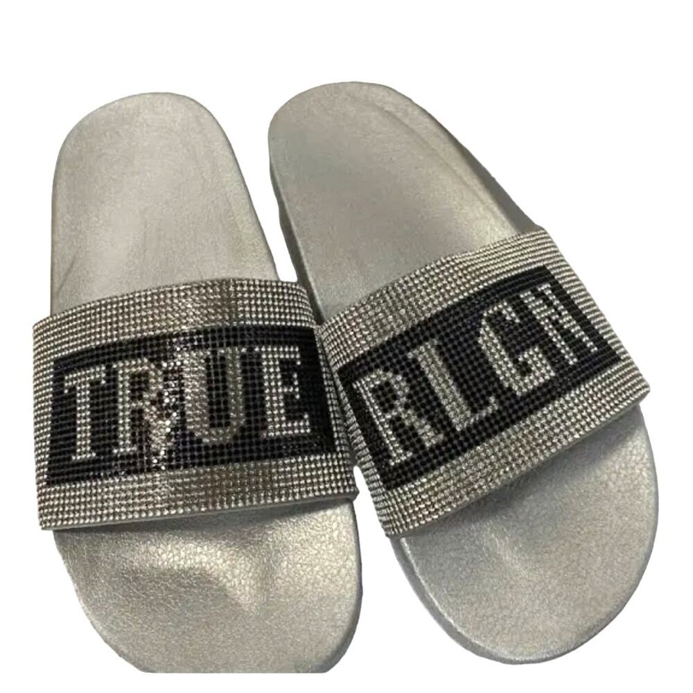 True Religion Bling Silver Slides / Slippers NWOT Size 7